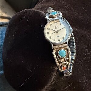 Timex Silver Watch with Blue turquoise and Red coral Accents
